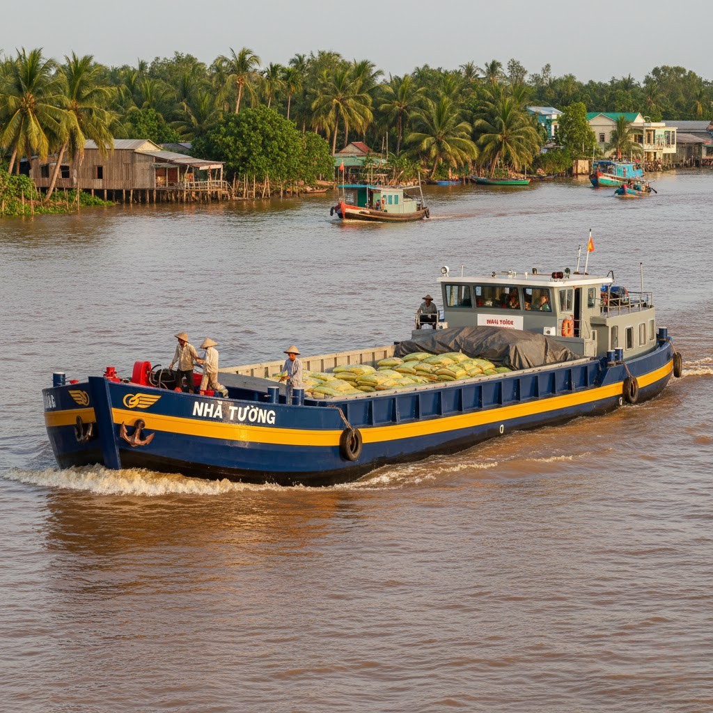Xà lan hiện đại do Nhã Tường đóng trên sông Tiền